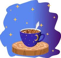 chá, café, quente chocolate dentro uma azul caneca com estrelas e lua. vetor