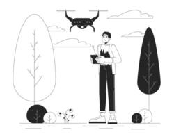 coreano homem com zangão dentro parque Preto e branco desenho animado plano ilustração. ásia cara controlando quadcopter 2d lineart personagem isolado. uav tecnologia diariamente vida monocromático cena esboço imagem vetor