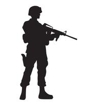 uma soldado silhueta em pé guarda rifle às a pronto incorporando ilustração vetor