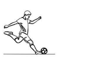 1 contínuo Preto linha desenhando do homem futebol jogador levar uma livre pontapé em branco fundo rabisco desenho animado do esporte esboço estilo vetor