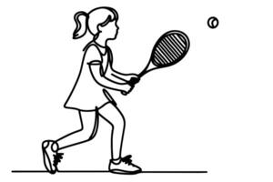 1 contínuo Preto linha mão desenhando do criança jogando tênis rabisco linear desenhando homem desenho animado jogador em branco. vetor