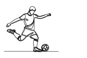 1 contínuo Preto linha desenhando do homem futebol jogador levar uma livre pontapé em branco fundo rabisco desenho animado do esporte esboço estilo vetor