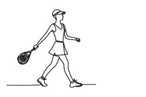 1 contínuo Preto linha mão desenhando do mulher jogando tênis rabisco linear desenhando menina desenho animado jogador em branco. vetor
