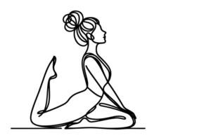 ioga internacional ioga dia. mulher faz exercícios com mão para relaxamento linha arte desenhando estilo Preto linear esboço, mão desenhando rabisco menina acionado dentro ioga vetor
