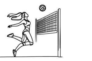 1 contínuo Preto linha desenhando do voleibol mulher saltar e pontapé bola com voleibol internet rabisco linear desenhando desenho animado em branco fundo. vetor