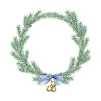 Natal abeto árvore galhos com azul arco e tinir sinos volta guirlanda quadro, Armação aguarela ilustração para feriados vetor