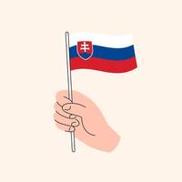 desenho animado mão segurando eslovaco bandeira, simples Projeto. bandeira do Eslováquia, Europa, conceito ilustração, isolado plano desenhando vetor