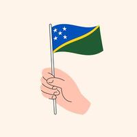 desenho animado mão segurando Salomão ilhas bandeira, simples Projeto. bandeira do Salomão ilhas, Oceânia, conceito ilustração, isolado plano desenhando vetor