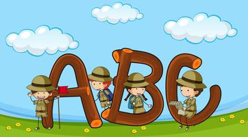 Font ABC com crianças em uniforme boyscout vetor