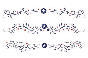 4º do Julho letras cabeçalho ornamentado redemoinhos, patriótico vermelho estrelas, e azul elegante chique separadores decorativo elementos, americano independência dia caligrafia floresce texto divisores vetor