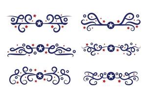 4º do Julho letras cabeçalho ornamentado redemoinhos, patriótico vermelho estrelas, e azul elegante chique separadores decorativo elementos, americano independência dia caligrafia floresce texto divisores vetor