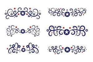 4º do Julho letras cabeçalho ornamentado redemoinhos, patriótico vermelho estrelas, e azul elegante chique separadores decorativo elementos, americano independência dia caligrafia floresce texto divisores vetor