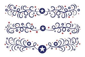 4º do Julho letras cabeçalho ornamentado redemoinhos, patriótico vermelho estrelas, e azul elegante chique separadores decorativo elementos, americano independência dia caligrafia floresce texto divisores vetor