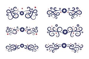 4º do Julho letras cabeçalho ornamentado redemoinhos, patriótico vermelho estrelas, e azul elegante chique separadores decorativo elementos, americano independência dia caligrafia floresce texto divisores vetor