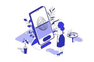 biométrico ao controle 3d isométrico conceito dentro isometria gráfico Projeto para rede. pessoas cena com mulher logins para conectados conta ou desbloquear Móvel telefone com impressão digital identidade. ilustração. vetor