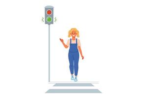 tráfego luz mostra verde sinal para pequeno menina caminhando ao longo pedestre cruzando vetor