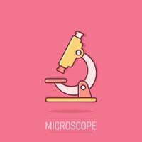 microscópio ícone dentro quadrinho estilo. laboratório lupa desenho animado ilustração em isolado fundo. biologia instrumento respingo efeito placa o negócio conceito. vetor