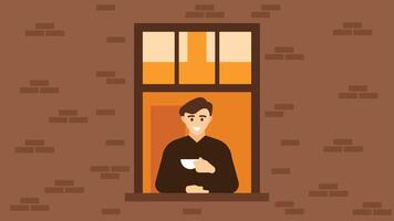 pessoa bebidas chá dentro uma janela dentro dele apartamento ilustração vetor