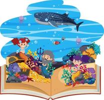 livro aberto com sereias fofas no fundo do mar vetor