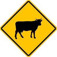 gado dirigindo placa. animais Cruz estrada. cuidado do gado cruzando a estrada. amarelo diamante Atenção placa para gado dirigir. vetor
