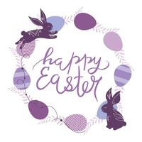 Páscoa festivo guirlanda do vários ovos e roxa galhos. decorado com mão desenhado coelhinhos. caligrafia caligrafia. ilustração vetor