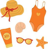 verão conjunto do Palha chapéu, roupa de banho, spf creme, conchas do mar e oculos de sol, plano ilustração vetor