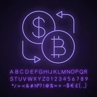 bitcoin e ícone de luz de néon de troca de moeda de dólar. criptomoeda. sinal brilhante com alfabeto, números e símbolos. reembolso. ilustração isolada do vetor