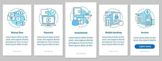 bancário onboarding tela da página do aplicativo móvel com conceitos lineares. serviços financeiros. fluxo de dinheiro, pagamento, investimento, banco móvel, instruções de etapas de fatura. ilustrações vetoriais ux, ui, gui vetor