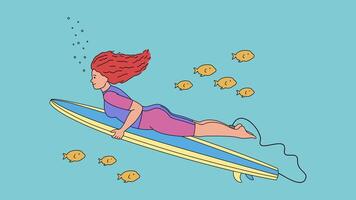 menina surfista em uma borda embaixo da agua com amarelo peixe. água Esportes. surf. aceno. mar oceano vetor