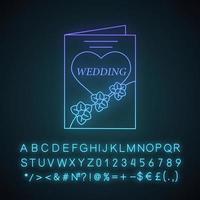 ícone de luz de néon do cartão de convite de casamento. cartão de casamento com flores. sinal brilhante com alfabeto, números e símbolos. ilustração isolada do vetor