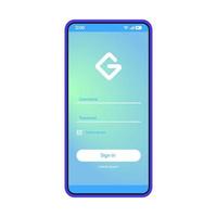 Cadastre-se no modelo de vetor de página de smartphone. layout de design azul da interface do aplicativo móvel. login, tela de inscrição. aplicativo de interface do usuário plana. registro de usuário, autorização. tela do telefone com senha e nome de usuário