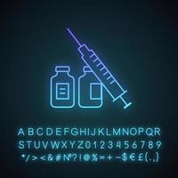 ícone de luz de néon de seringa e frascos. Vacina da gripe. vacinação. vírus, prevenção de infecções. vacina. medicamentos, drogas. sinal brilhante com alfabeto, números e símbolos. ilustração isolada do vetor