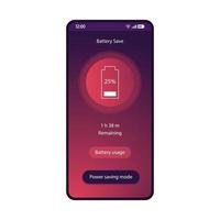 modelo de vetor de interface de smartphone de app de economia de bateria. layout de design roxo de página de aplicativo de utilitário móvel. modo de economia de energia ui gradiente plano. carga restante, tela do telefone de otimização de energia