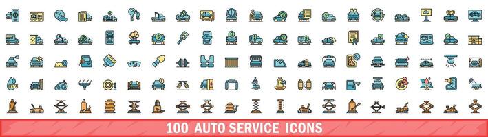 100 auto serviço ícones definir, cor linha estilo vetor