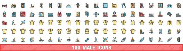 100 masculino ícones definir, cor linha estilo vetor