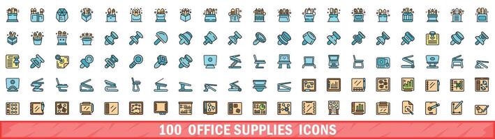 100 escritório suprimentos ícones definir, cor linha estilo vetor