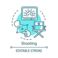 ícone do conceito de tiro. ilustração de linha fina de ideia de produção de vídeo. cinematografia. produção de filmes, direção. processo de produção de filmes. filmando. desenho de contorno isolado do vetor. curso editável vetor