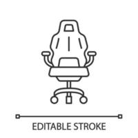 ícone linear de poltrona de jogos. cadeira ergonômica. equipamentos de esportes. ambiente de jogo confortável. ilustração de linha fina. símbolo de contorno. desenho de contorno isolado do vetor. curso editável vetor