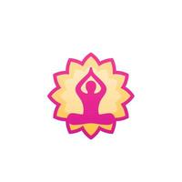 logotipo da ioga, homem em pose de lótus e flor vetor
