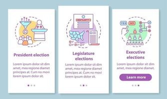 tela de página de aplicativo móvel de integração de eleições com conceito linear. presidente, legislatura, eleição executiva. três etapas passo a passo de instruções gráficas. modelo de vetor ux, ui, gui com ilustração