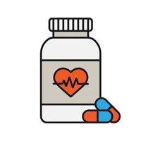 frasco de comprimidos com ícone de cor de coração. suplemento de cardio. ilustração vetorial isolada vetor