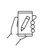 mão segurando o ícone linear do smartphone. ilustração de linha fina. smartphone nota tendo símbolo de contorno de app. desenho de contorno isolado de vetor