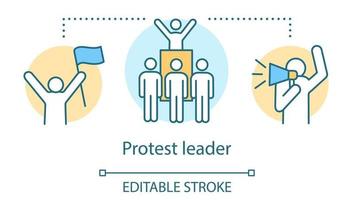 ícone do conceito de líder de protesto. demonstração pública, ilustração de linha fina de ideia de greve social. ativista segurando a bandeira, a multidão e o manifestante com desenho de contorno isolado de vetor de megafone. curso editável