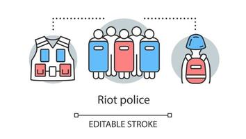 ícone do conceito de polícia de choque. controle de agitação civil, ilustração de linha fina de ideia de supressão de rebelião. pessoas com escudos, colete e desenho de contorno isolado de vetor de equipamento de proteção. curso editável