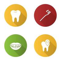 odontologia design plano conjunto de ícones de glifo de sombra longa. estomatologia. dente saudável, localização da clínica odontológica, dente quebrado, escova de dentes e pasta de dentes. ilustração da silhueta do vetor