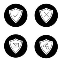 proteção escudos conjunto de ícones de glifo. e-mail e segurança de conexão de rede. proteção aprovada e negada. Ilustrações vetoriais de silhuetas brancas em círculos pretos vetor