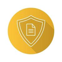 ícone de sombra longa plana linear de segurança de documentos pessoais. escudo de proteção com documento particular. símbolo de contorno de vetor