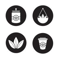 conjunto de ícones de glifo de chá. folhas de chá soltas a granel, copo de papel descartável, recipiente. Ilustrações vetoriais de silhuetas brancas em círculos pretos vetor
