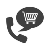 ícone de glifo de pedido de telefone de mercadorias. símbolo da silhueta. compras por telefone. aparelho com carrinho de compras dentro da bolha do discurso. entrega de produtos de supermercado. espaço negativo. ilustração isolada do vetor