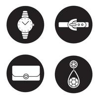 conjunto de ícones de acessórios femininos. relógio de pulso, brinco, bolsa, cinto de couro. Ilustrações vetoriais de silhuetas brancas em círculos pretos vetor